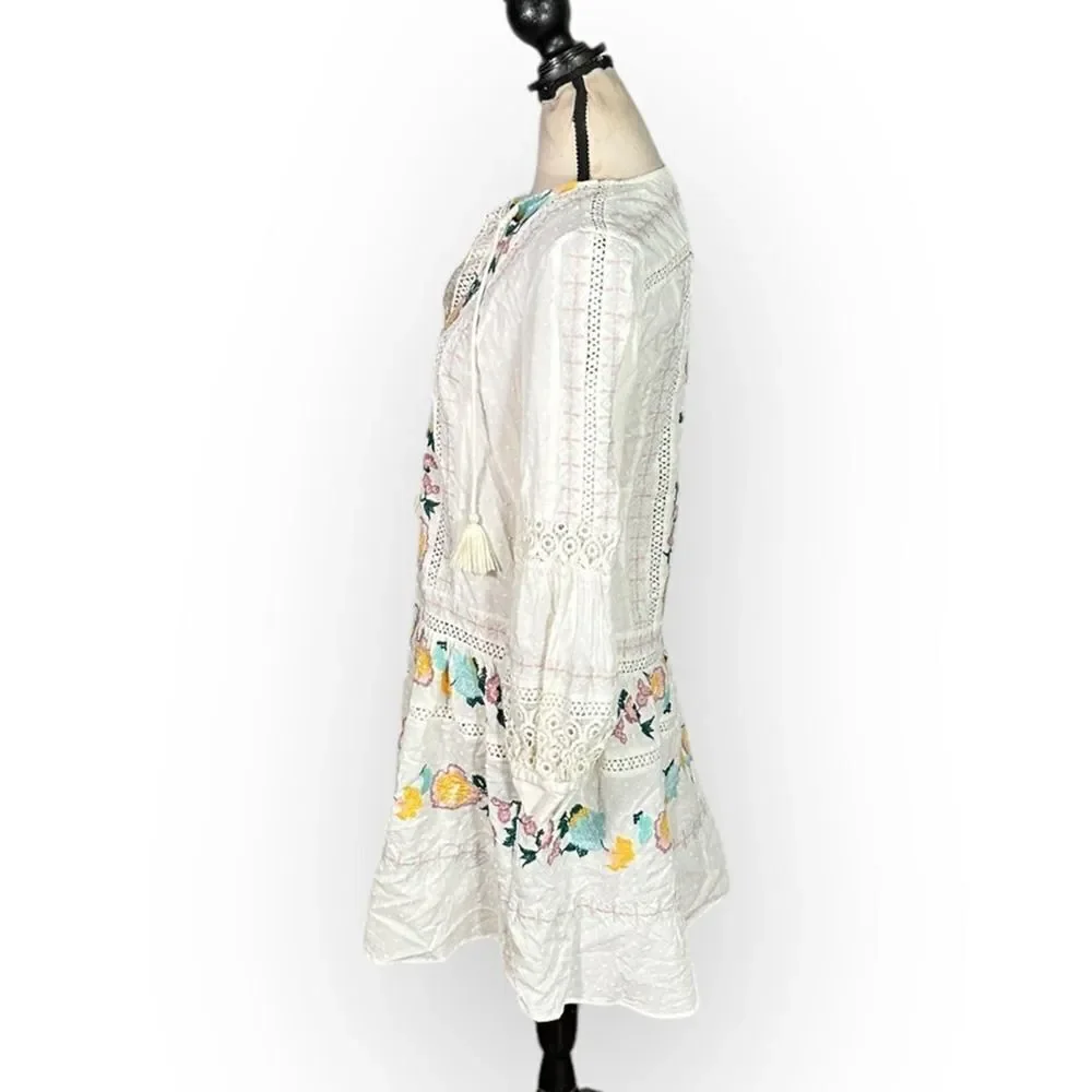 Tory Burch Mini Dress Women's XS White Blue Embroidered Boho Long Sleeve V-Neck
